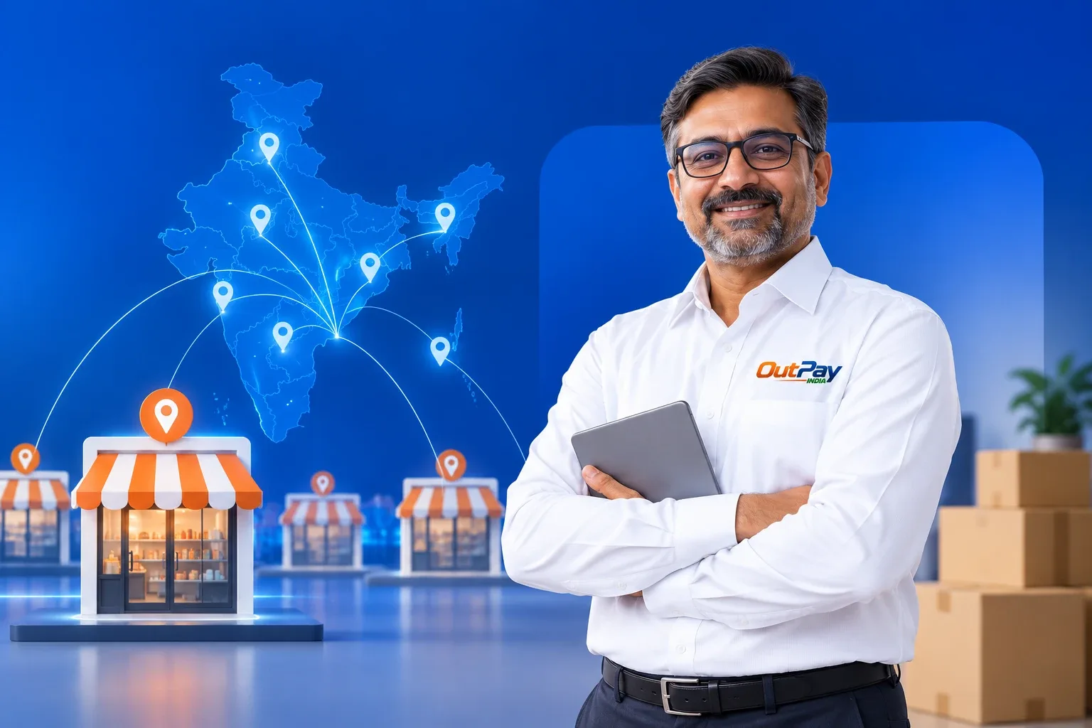 OUTPAY distributor with tablet, standing in front of a pan-India merchant network map showing connected shop locations