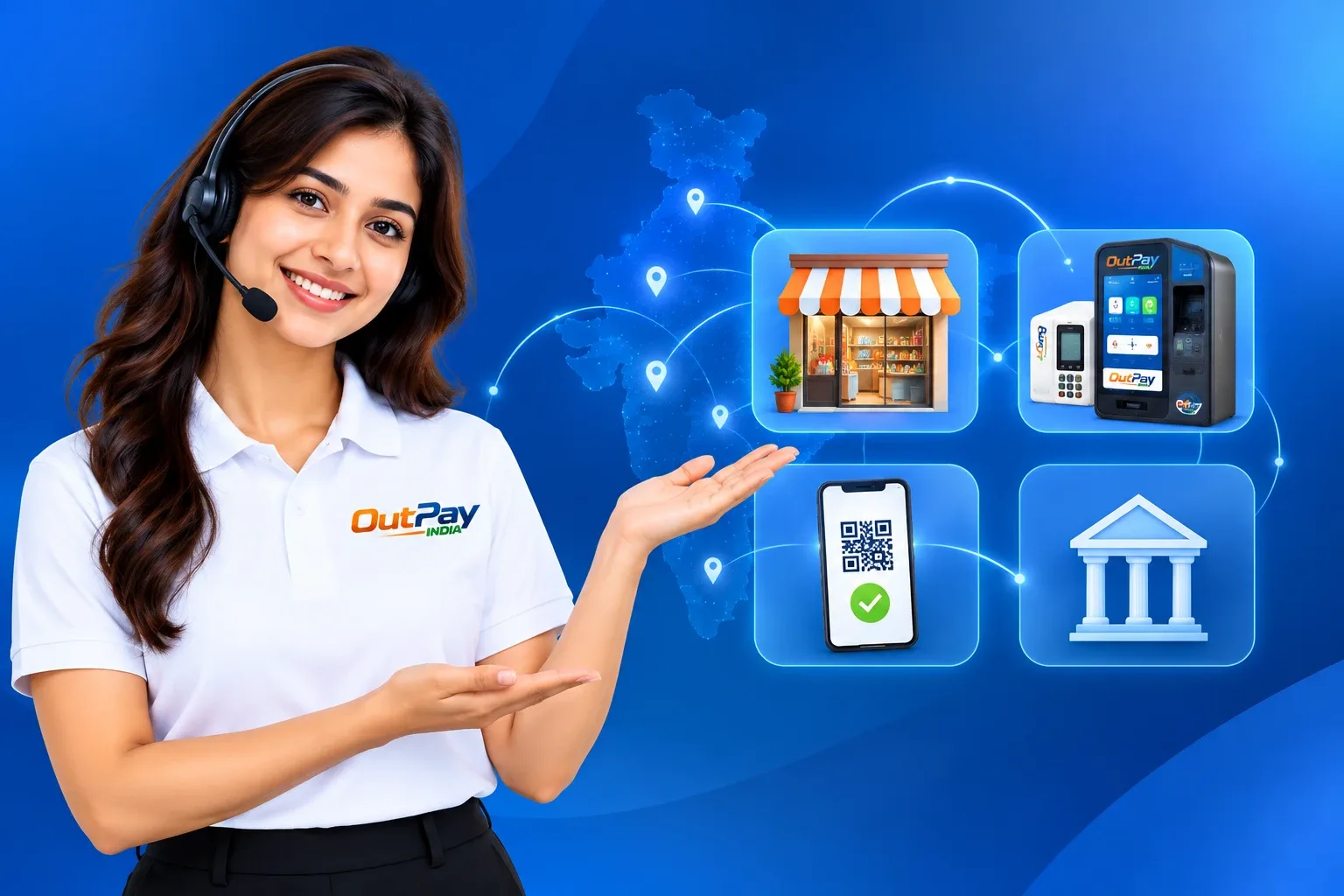 OUTPAY support agent presenting the merchant network: shop, POS device, UPI QR scan and bank connectivity