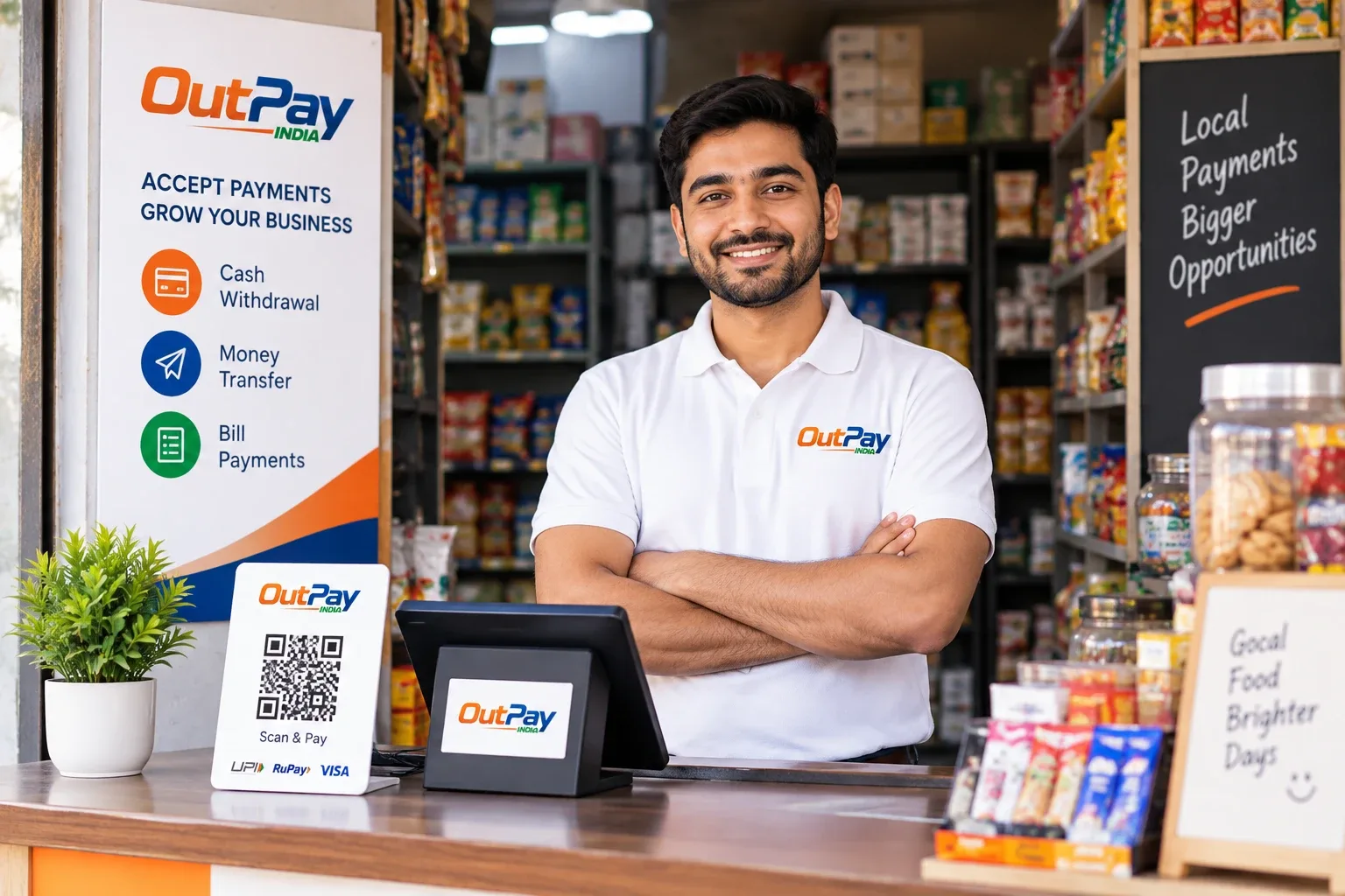 Smiling shop owner wearing an OutPay India polo shirt, standing behind the counter with an OutPay QR scan-and-pay stand